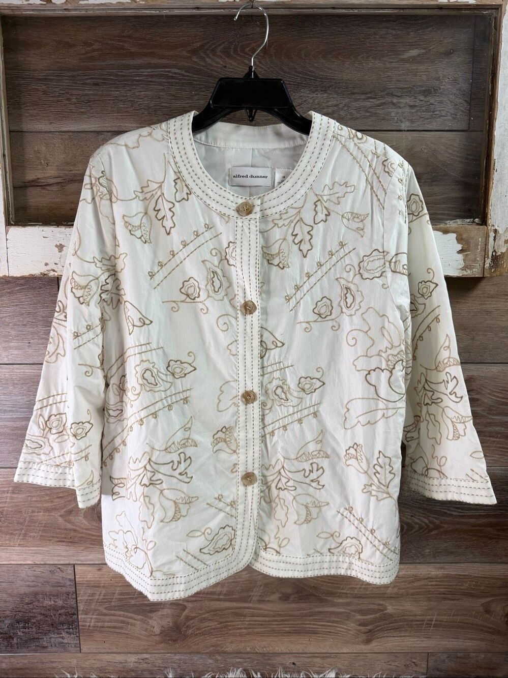 ALFRED DUNNER Women's Cotton Blouse Blazer 3/4 Sleeve Embroidered Floral Size 16